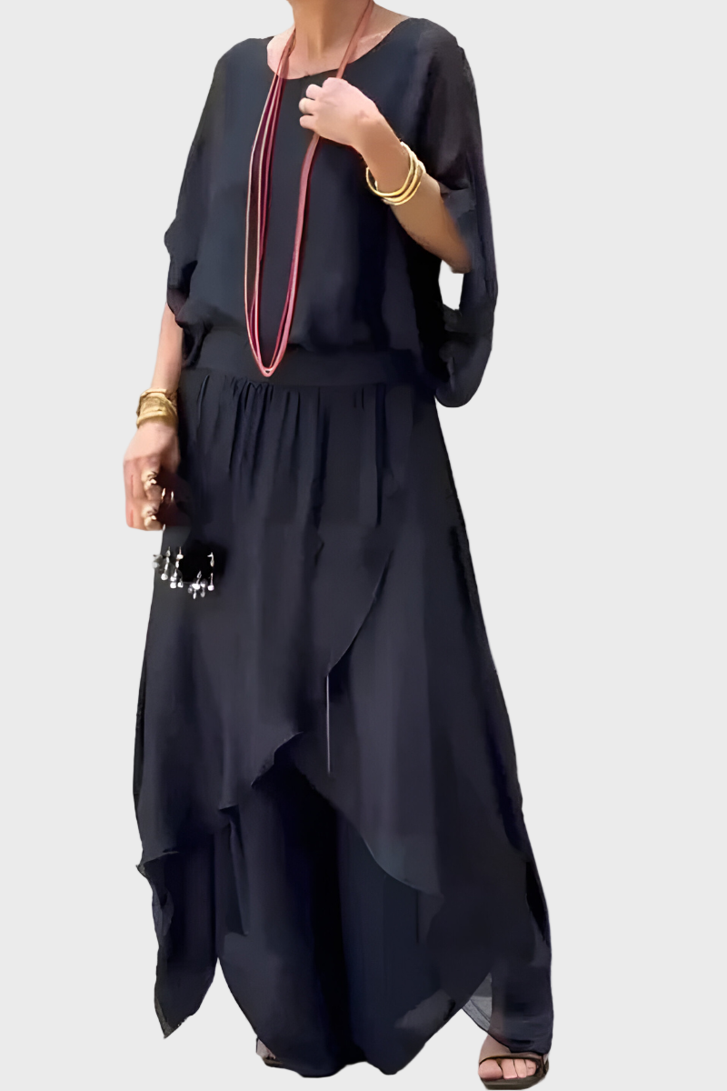 Šifonist kaheosaline komplekt: seelik ja rebenenud laiad püksid