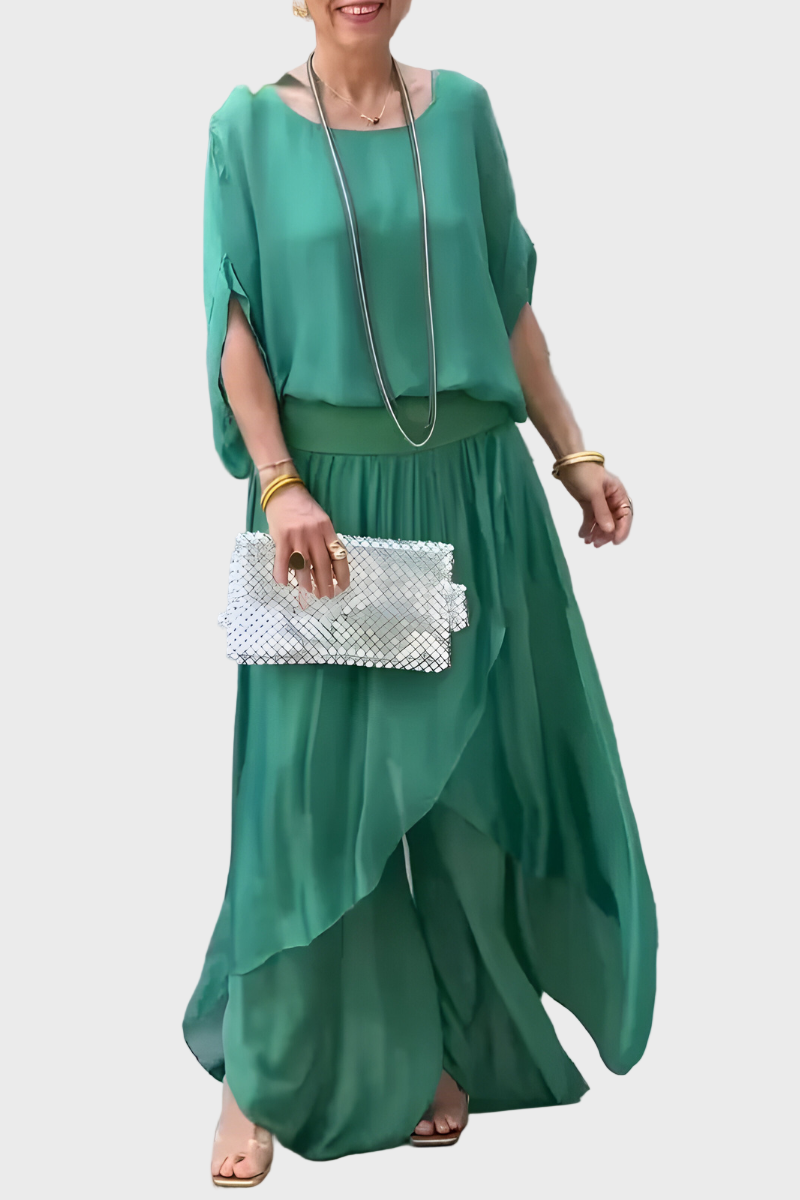 Šifonist kaheosaline komplekt: seelik ja rebenenud laiad püksid