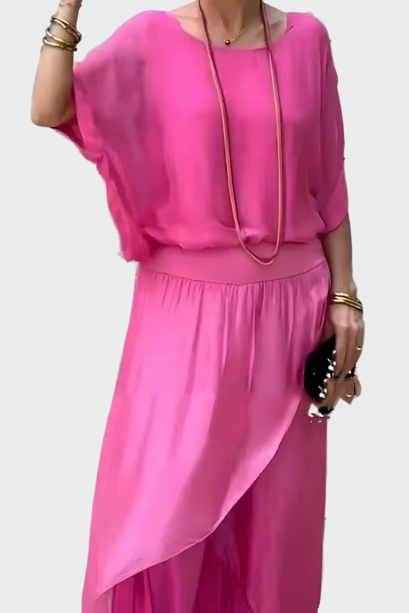 Šifonist kaheosaline komplekt: seelik ja rebenenud laiad püksid