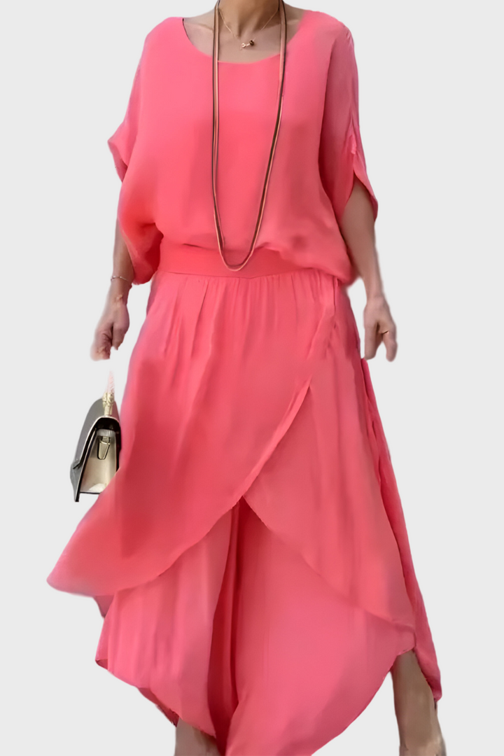 Šifonist kaheosaline komplekt: seelik ja rebenenud laiad püksid