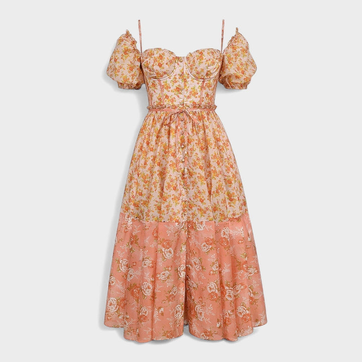 Valentina - koraalne lilleline kleit