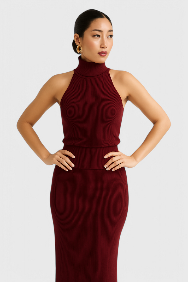 Rhea - Midi Dress in Kanalriidest Fabric, Backless