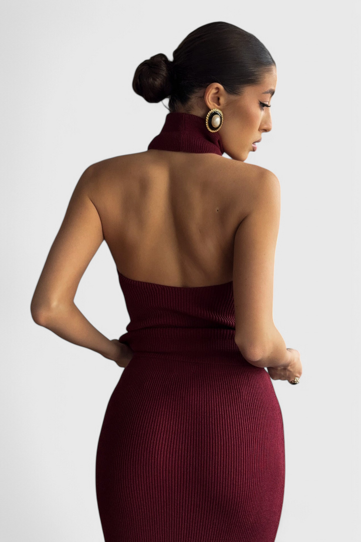 Rhea - Midi Dress in Kanalriidest Fabric, Backless