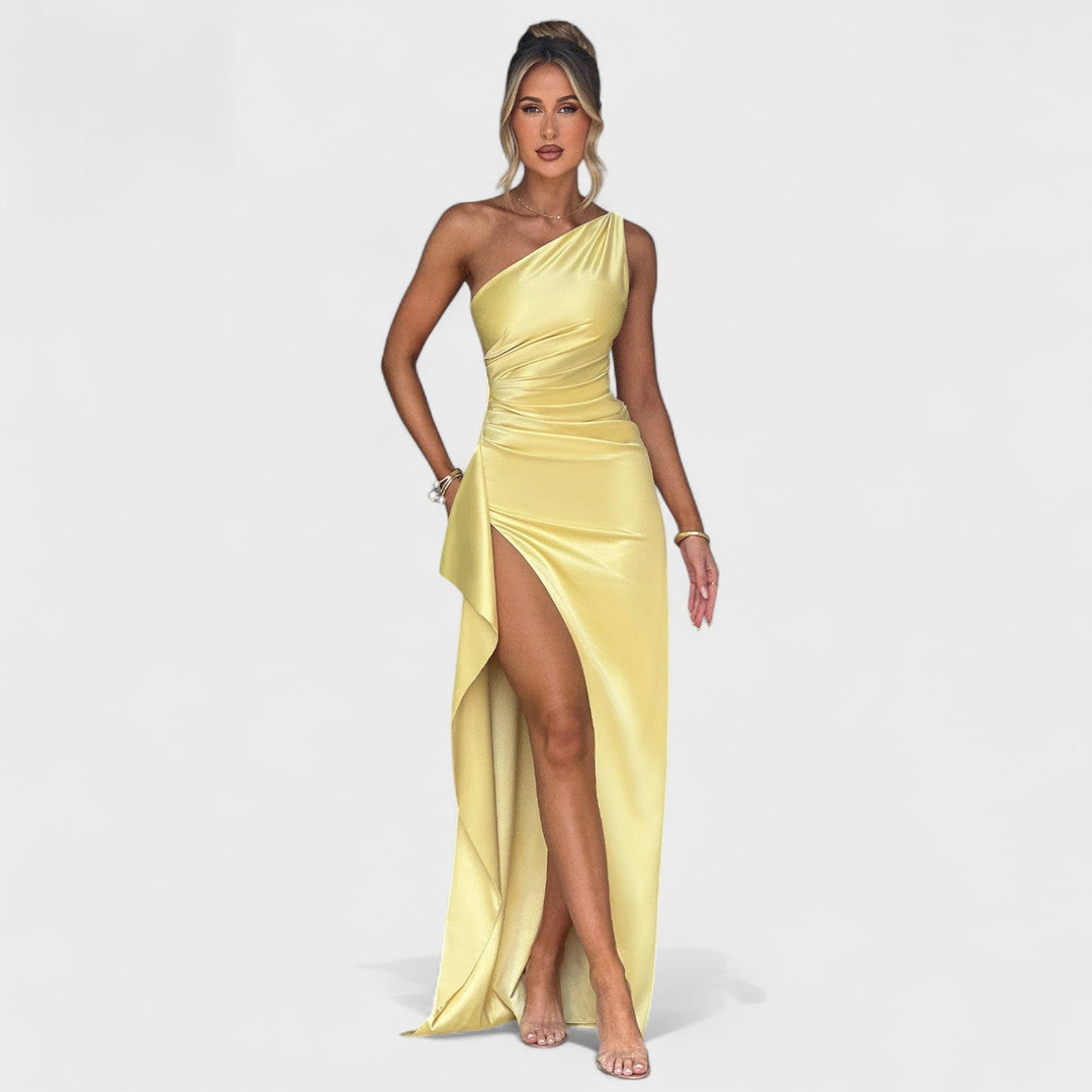 Ariel - Asymmetrical Satin Dress in Lemon