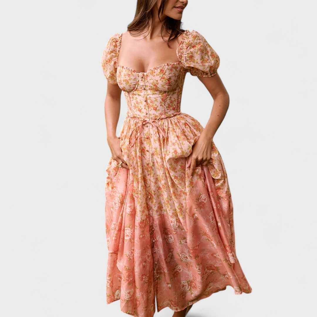 Valentina - koraalne lilleline kleit