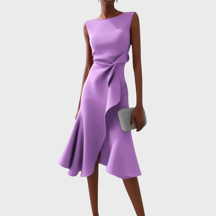 Katarina - Asümmeetriline midi kleit kogutud disainiga