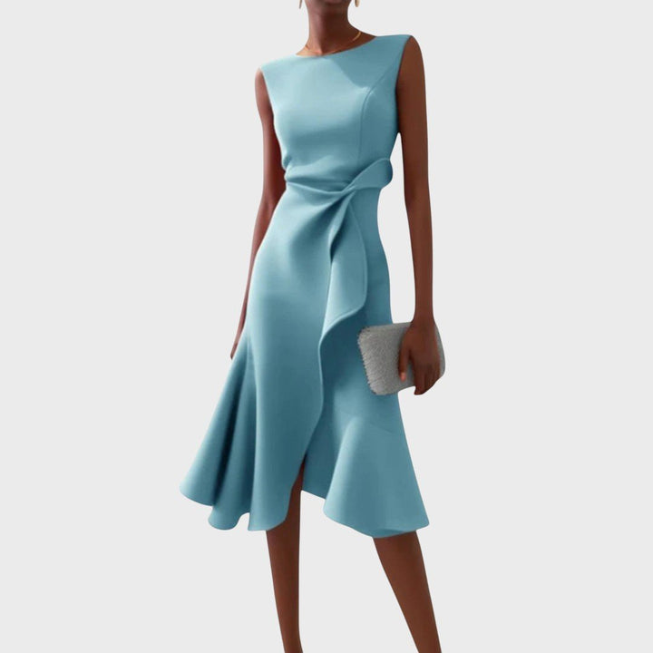 Katarina - Asümmeetriline midi kleit kogutud disainiga